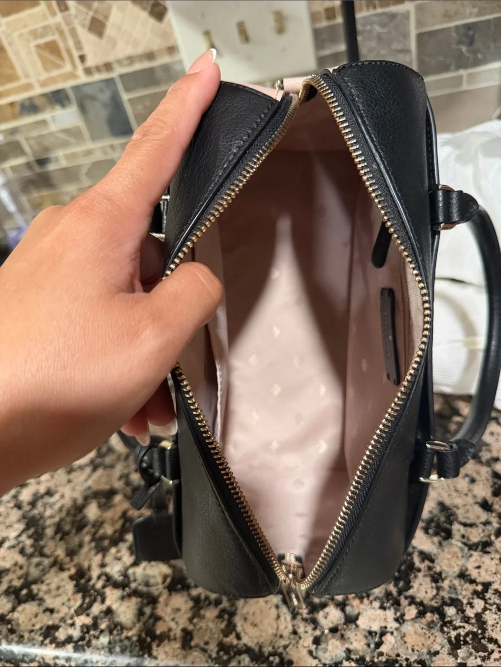 kate spade Pink and Black Minnie Mouse Leather Satchel with Heart Tag EUC